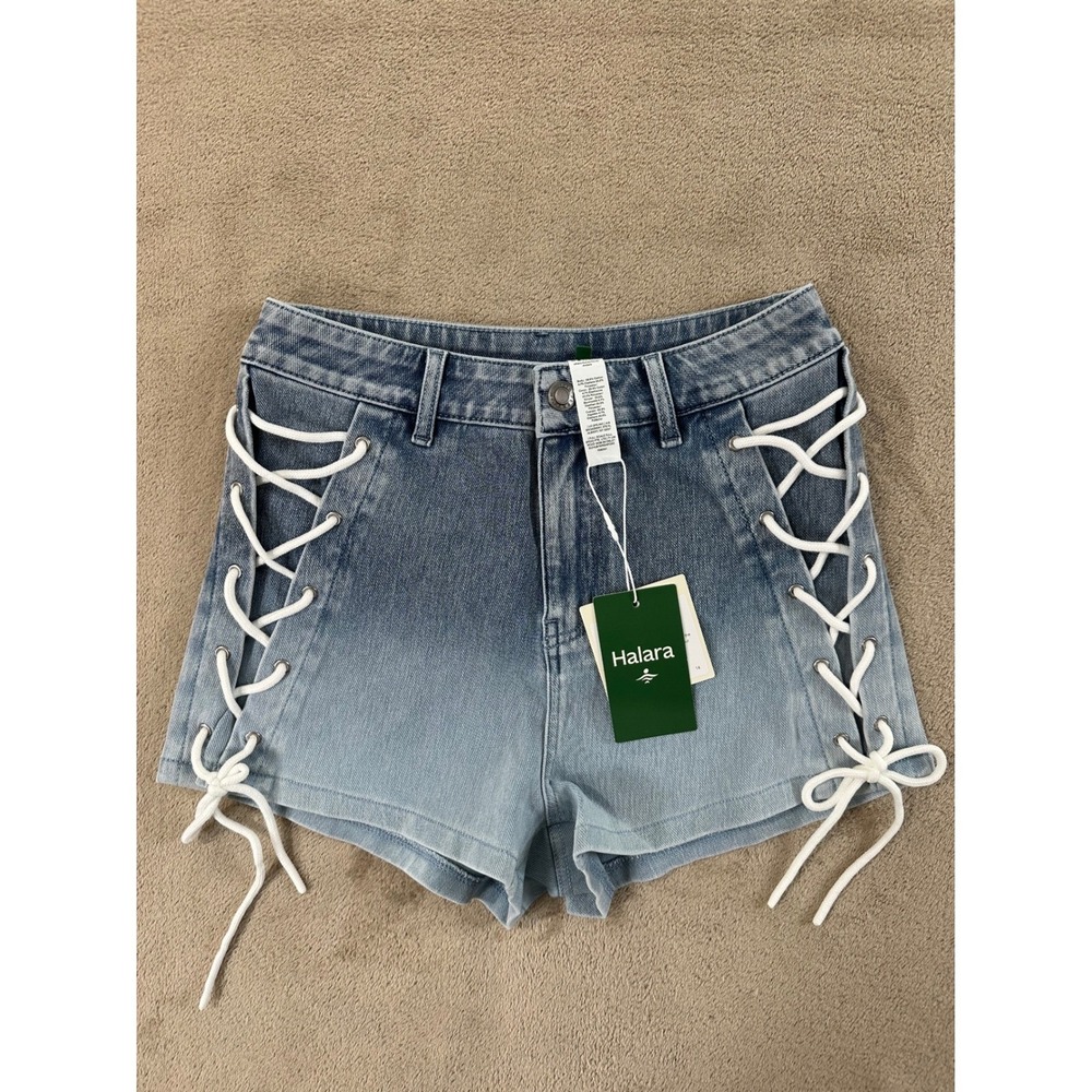Halara Flex Denim Shorts 2" Women's Size S Blue Lace Up Side High Waisted NEW